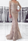 Robe de bal longue sirène à encolure en V, dos nu, en dentelle avec manches