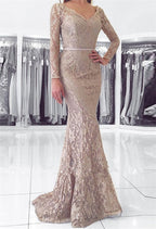 Long Mermaid V-neck Backless Lace Prom Dress with Sleeves