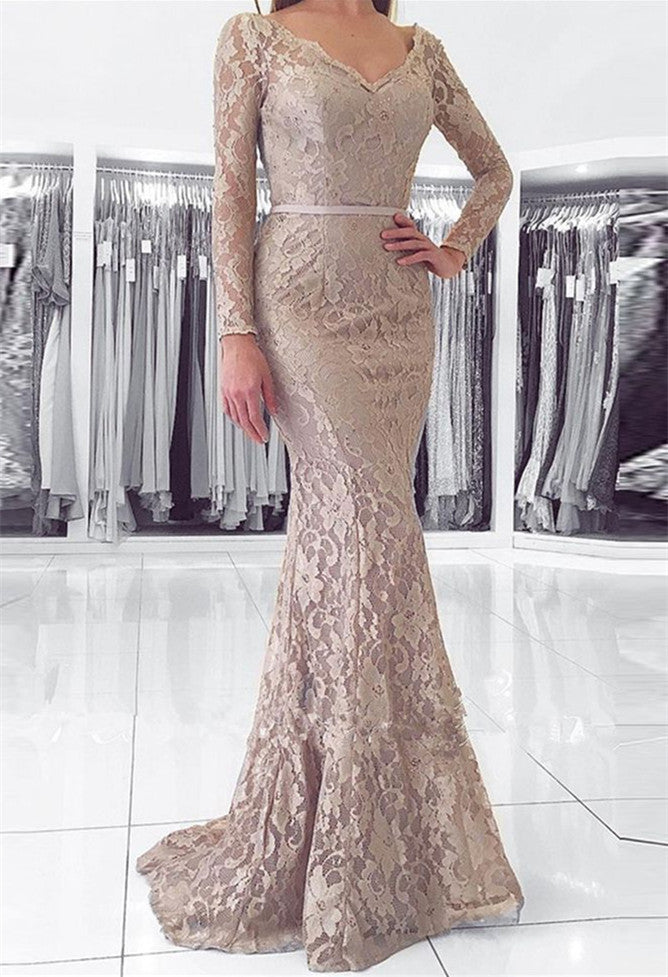 Long Mermaid V-neck Backless Lace Prom Dress with Sleeves