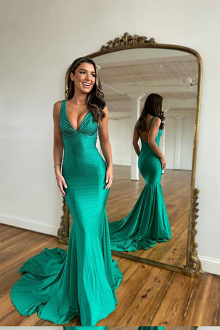 Long Mermaid V-neck Backless Satin Formal Prom Dress