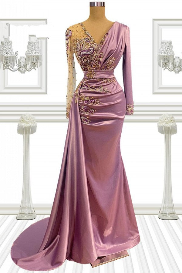 Long Mermaid V-neck Beading Satin Prom Dress with Sleeves