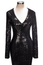 Vestidos de baile compridos sereia com decote em V e lantejoulas pretas com mangas