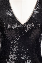 Vestidos de baile compridos sereia com decote em V e lantejoulas pretas com mangas