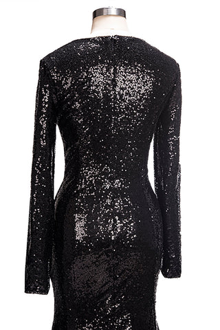 Long Mermaid V-Neck Black Sequins Prom Dresses with Sleeves