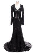 Langes Meerjungfrau-Ballkleid mit V-Ausschnitt und schwarzen Pailletten und Ärmeln