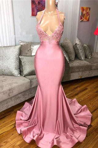 Long Mermaid V-Neck Halter Satin Prom Dress with Lace Appliques