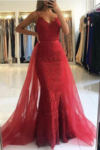 Long Mermaid V-neck Lace Prom Dress With Tulle Train