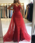 Robe de bal longue sirène en dentelle avec décolleté en V et traîne en tulle
