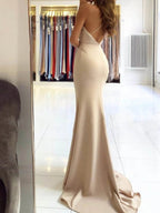 Long Mermaid V-neck Satin Backless Formal Prom Dresses with Slit