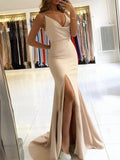 Long Mermaid V-neck Satin Backless Formal Prom Dresses with Slit