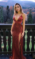 Long Mermaid V-neck Sequined Prom Dress with Slit