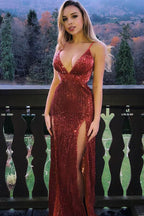 Long Mermaid V-neck Sequined Prom Dress with Slit