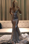 Robe de bal longue sirène à encolure en V avec paillettes et dos nu