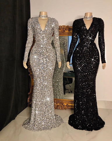 Long Mermaid V-neck Sequins Prom Dresses with Sleeves
