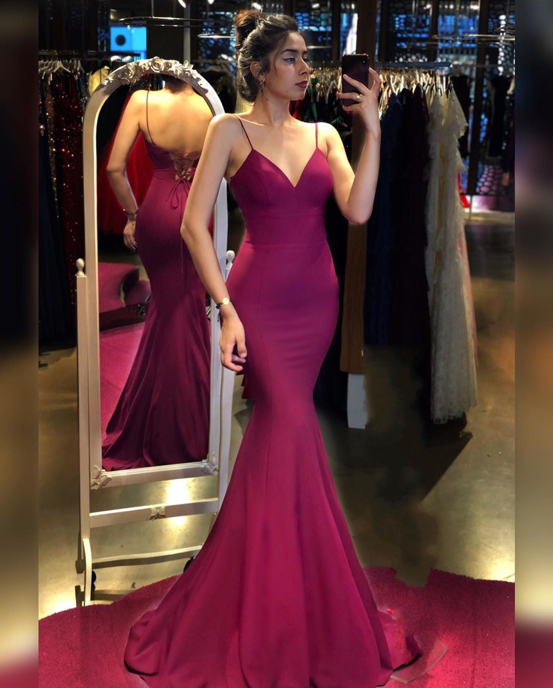 Long Mermaid V-neck Spaghetti Straps Backless Prom Dress