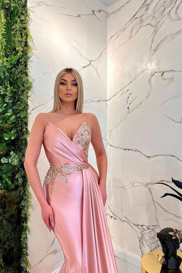 Vestidos de festa compridos sereia com decote em V e alças finas rosa brilhante