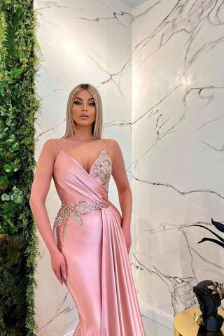 Long Mermaid V-neck Spaghetti Straps Glitter Pink Prom Dresses
