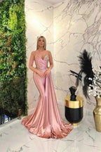 Long Mermaid V-neck Spaghetti Straps Glitter Pink Prom Dresses by BIZTUNNEL