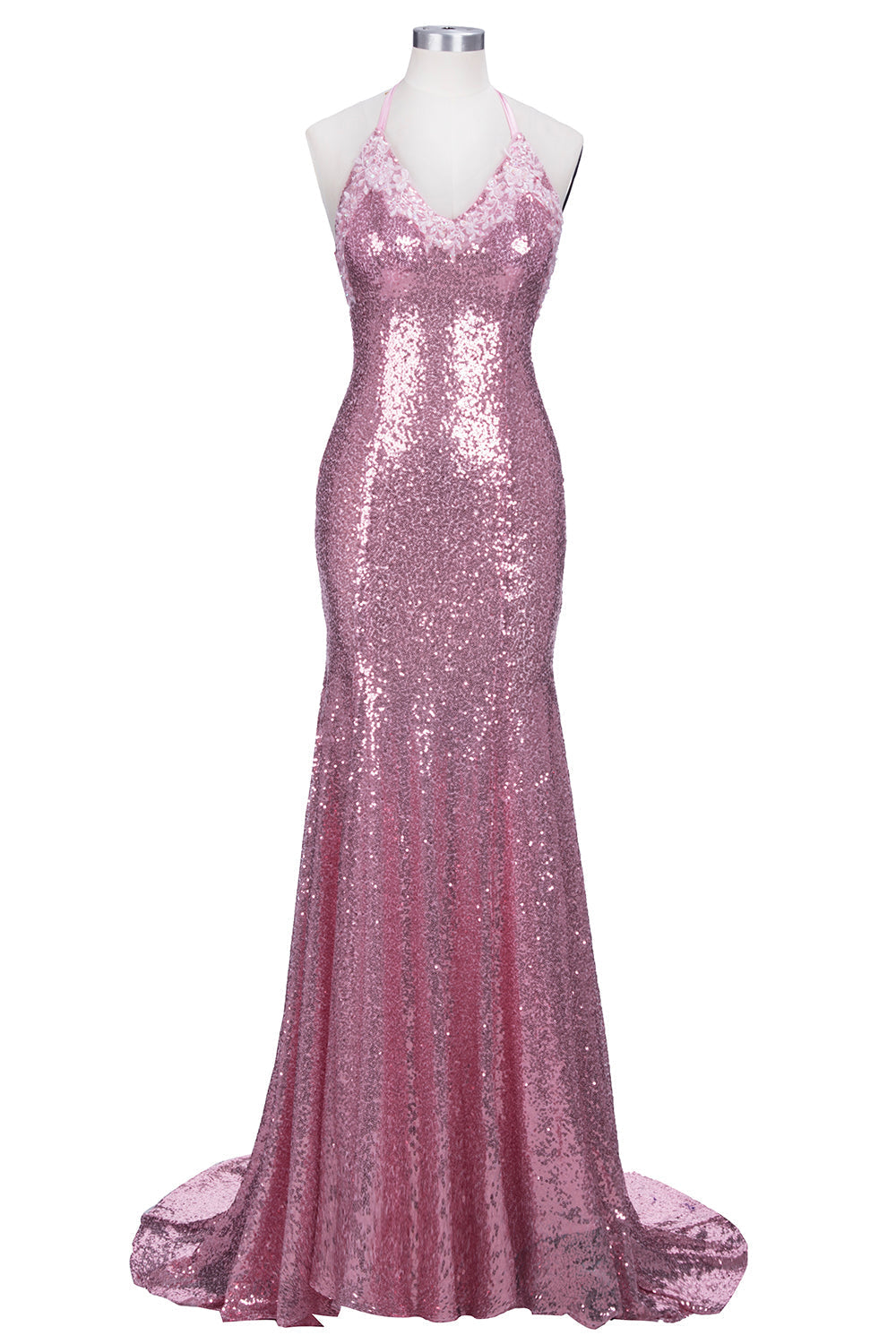 Long Mermaid V-neck Spaghetti Straps Pink Sequined Backless Prom Dress