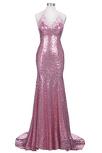 Long Mermaid V-neck Spaghetti Straps Pink Sequined Backless Prom Dress