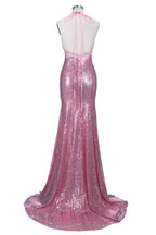 Long Mermaid V-neck Spaghetti Straps Pink Sequined Backless Prom Dress
