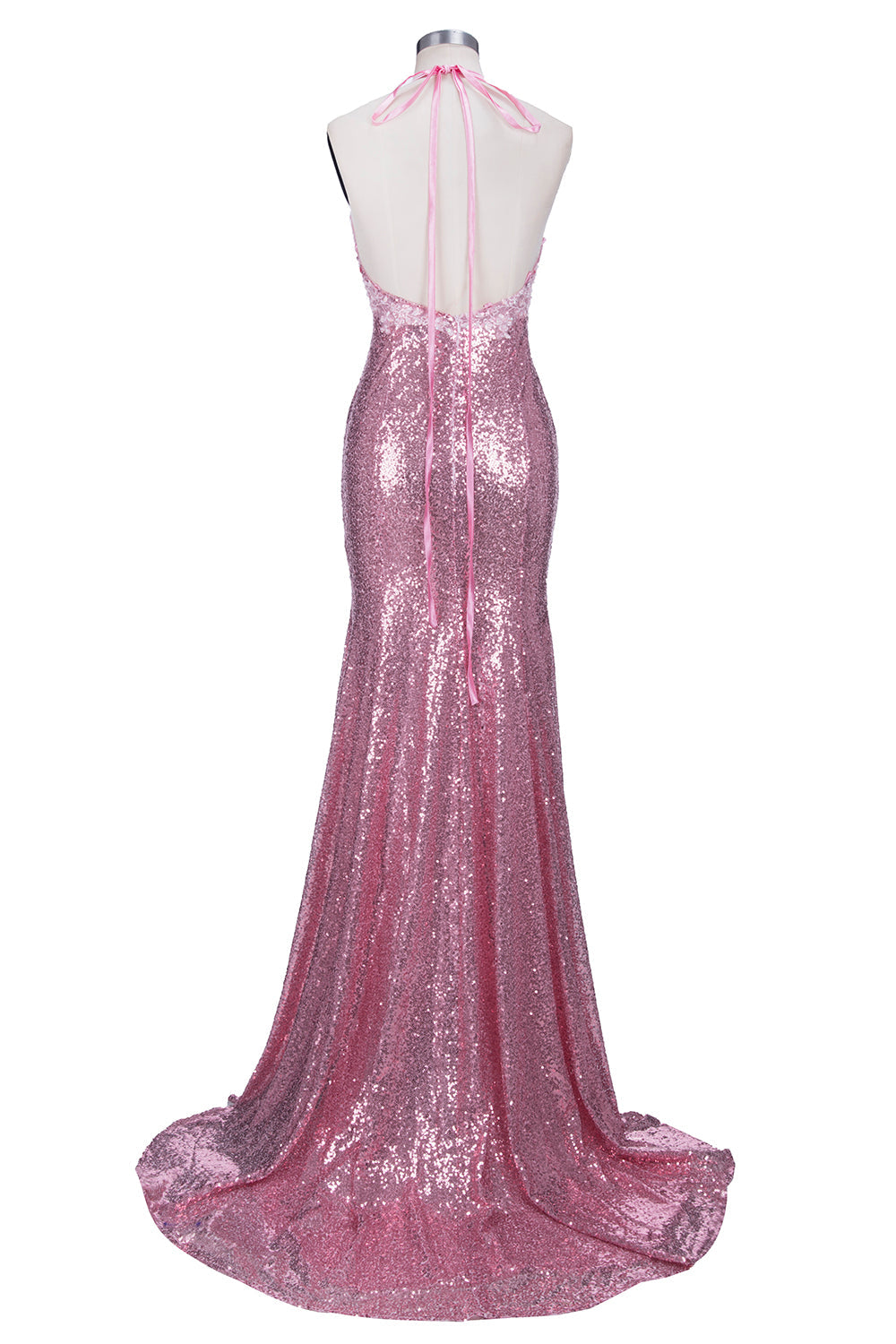 Long Mermaid V-neck Spaghetti Straps Pink Sequined Backless Prom Dress