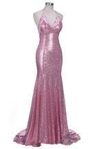 Long Mermaid V-neck Spaghetti Straps Pink Sequined Backless Prom Dress