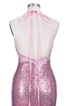 Long Mermaid V-neck Spaghetti Straps Pink Sequined Backless Prom Dress