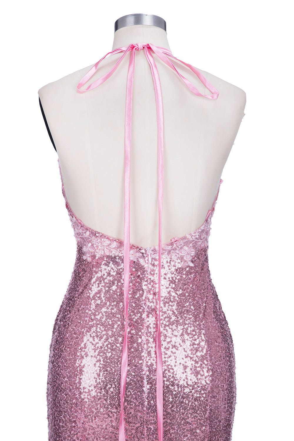 Long Mermaid V-neck Spaghetti Straps Pink Sequined Backless Prom Dress