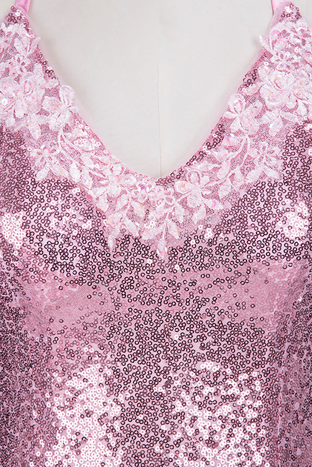 Long Mermaid V-neck Spaghetti Straps Pink Sequined Backless Prom Dress