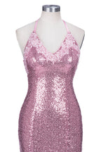 Long Mermaid V-neck Spaghetti Straps Pink Sequined Backless Prom Dress