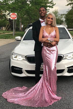 Long Mermaid V-neck Spaghetti Straps Pink Sequined Backless Prom Dress