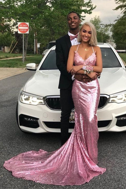 Long Mermaid V-neck Spaghetti Straps Pink Sequined Backless Prom Dress