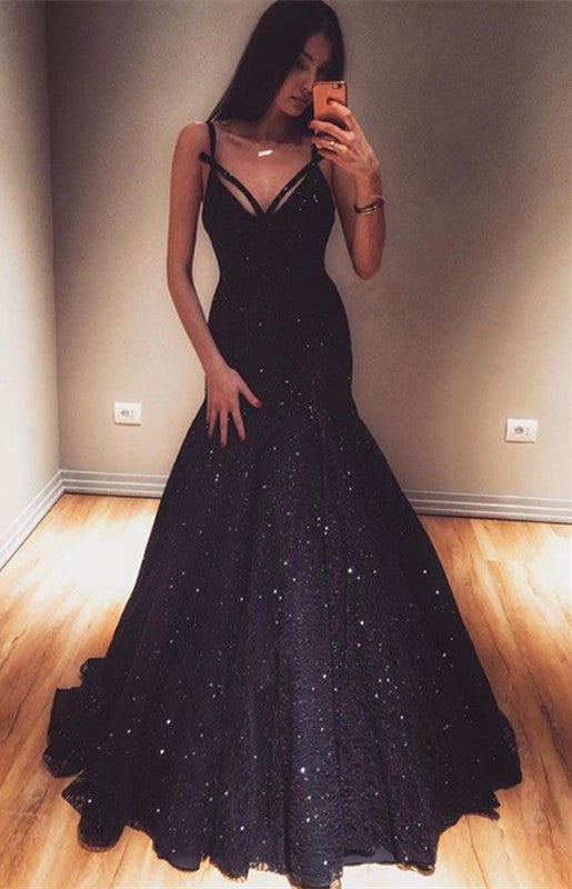 Long Mermaid V-neck Spaghetti Straps Sequined Prom Dress