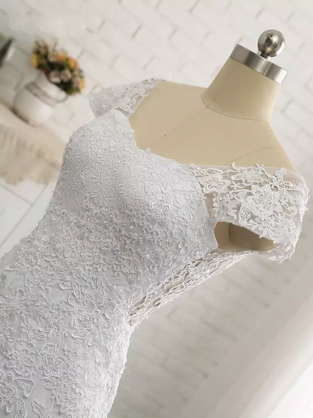 Langes Meerjungfrau-V-Ausschnitt Tüll-Spitzen Rückenfreies Brautkleid mit Cap-Ärmeln