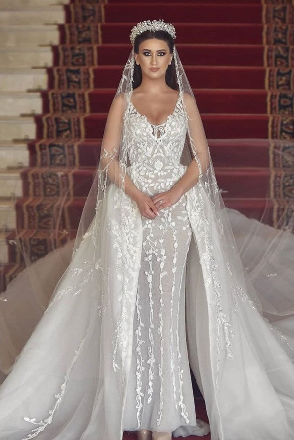 Langes Meerjungfrau-V-Ausschnitt-Tüll-Spitzen-Brautkleid mit abnehmbarer Schleppe
