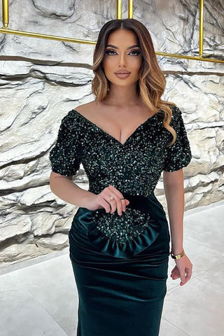 Long Mermaid V-neck Velvet Glitter Prom Dress with Sleeves