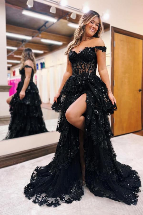 Long Off-the-Shoulder Black Lace A-line Evening Prom Dress with Side Split