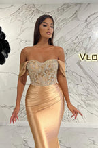 Long Off The Shoulder Mermaid Satin Beads Formal Prom Dress