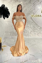 Long Off The Shoulder Mermaid Satin Beads Formal Prom Dress