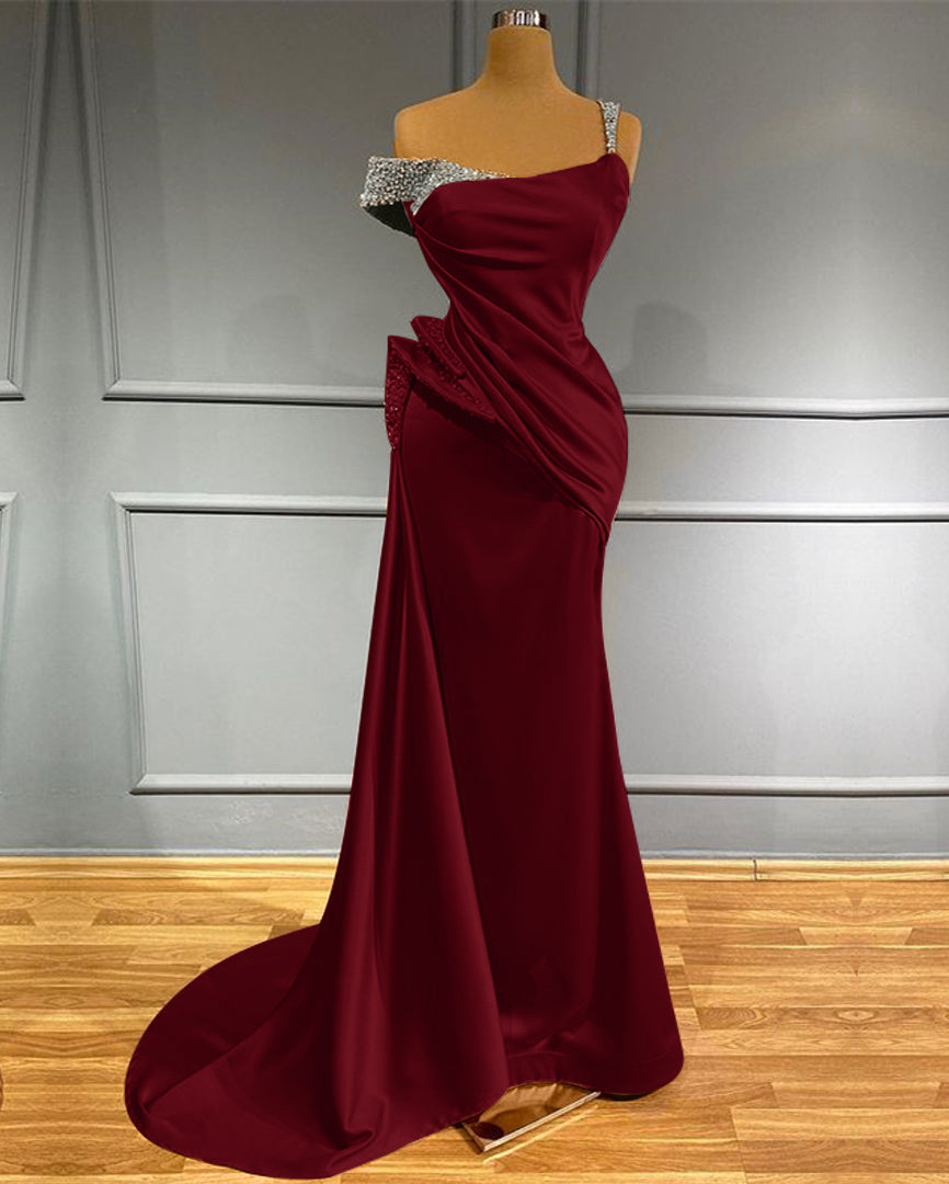 Burgundy Long Off the Shoulder Ruffles Mermaid Evening Dress with Beads