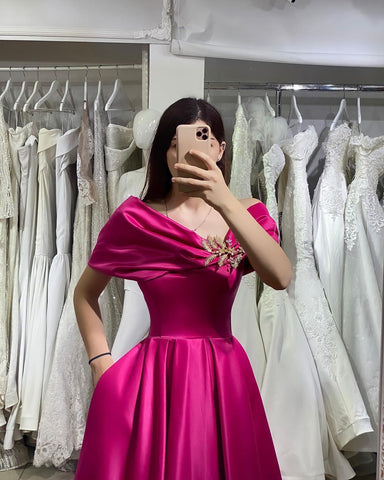 Long Off-the-shoulder Satin A-line Prom Dress with Pockets