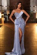 Vestido de Noche Largo de Sirena con Escote Corazón y Hombros Descubiertos en Satén con Lentejuelas y Abertura Lateral