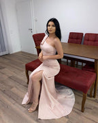 Long Pink Simple One Shoulder Split Mermaid Prom Dress