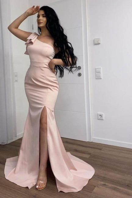 Long Pink Simple One Shoulder Split Mermaid Prom Dress