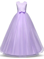 Long Princess Lace Tulle Jewel Neck Party Birthday Pageant Flower Girl Dresses