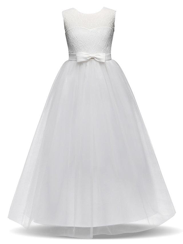 Long Princess Lace Tulle Jewel Neck Party Birthday Pageant Flower Girl Dresses