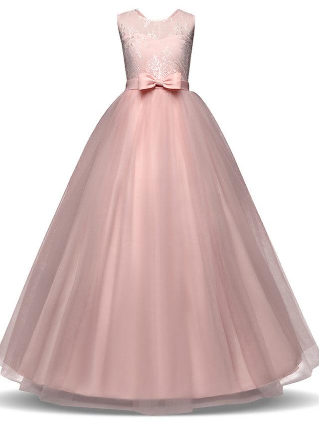 Long Princess Lace Tulle Jewel Neck Party Birthday Pageant Flower Girl Dresses