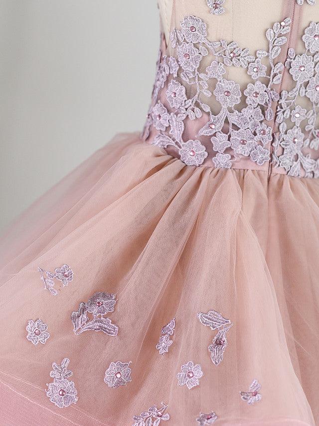 Long Princess Lace Tulle Sleeveless Jewel Neck Wedding Birthday Pageant Flower Girl Dresses