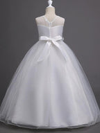 Long Princess Satin Tulle Sleeveless Jewel Neck First Communion Flower Girl Dresses